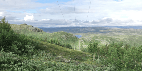 Voimajohdot vihreässä maisemassa, taustalla vuoret ja pilvinen taivas