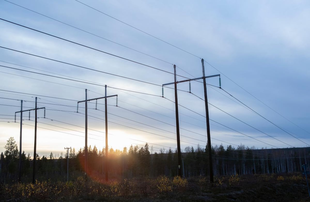 Voimajohdot metsämaisemassa auringonlaskun aikaan