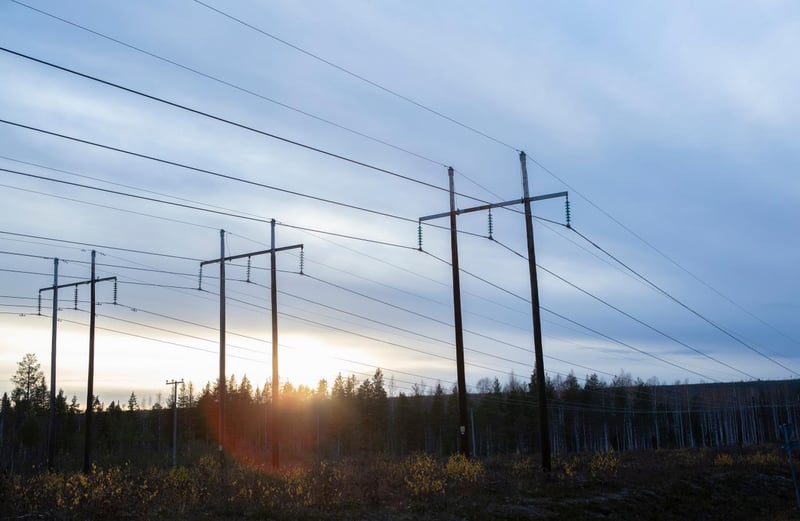 Voimajohdot metsämaisemassa auringonlaskun aikaan